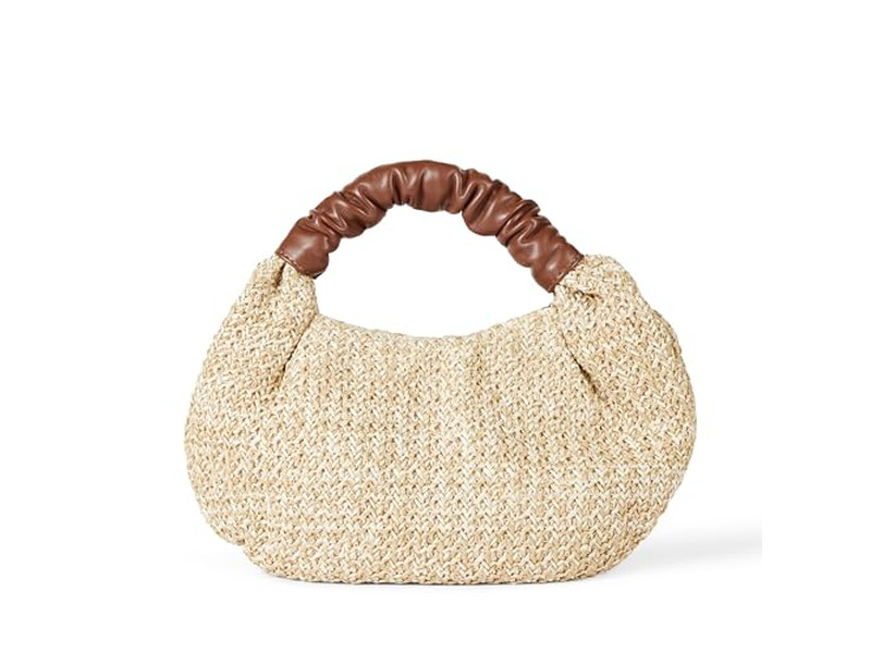 Borsa di Paglia a Mezzaluna Tote Libro Realizzata in 2 Pezzi Clutch Fiocco Decorato Mano