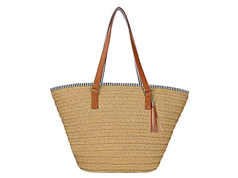 Borsa a Mano di Paglia per Donna Borsa da Spiaggia di Grano Borse Boho Intrecciate per Donna Manico in Legno