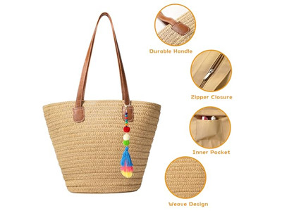 Borsa di paglia Donna Tappetino Borsa da spiaggia Tote Set intrecciato di iuta