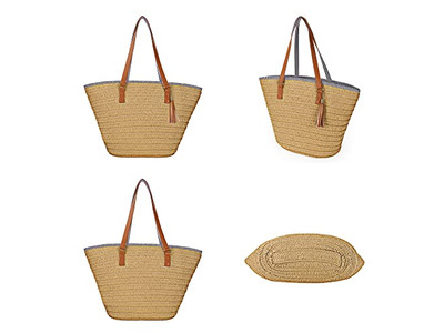 Borsa a Mano di Paglia per Donna Borsa da Spiaggia di Grano Borse Boho Intrecciate per Donna Manico in Legno