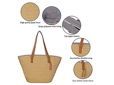 Borsa a Mano di Paglia per Donna Borsa da Spiaggia di Grano Borse Boho Intrecciate per Donna Manico in Legno