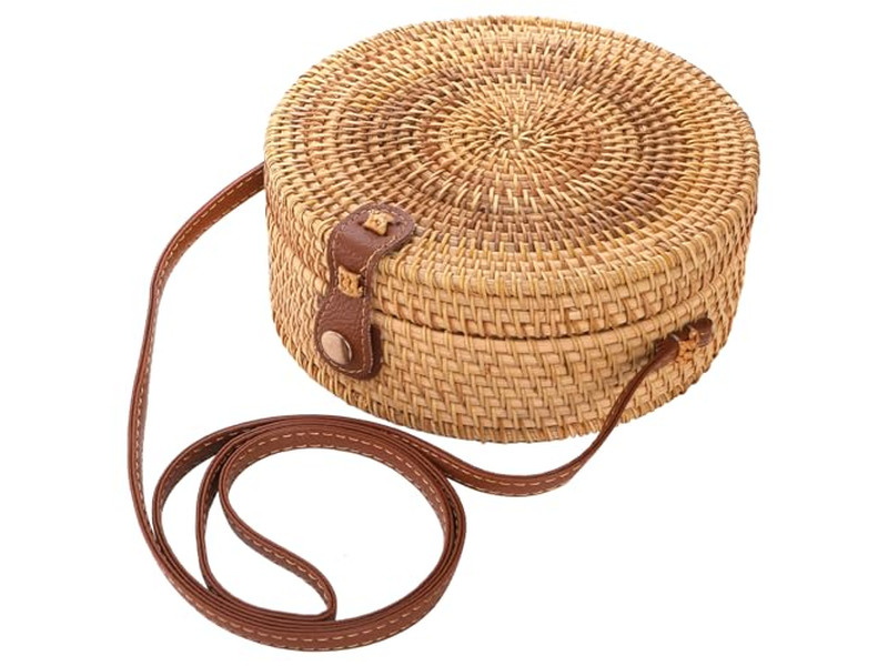 Borsa di paglia intrecciata di carta Nera Rotonda di Rattan Naturale Bali Logo Personalizzato
