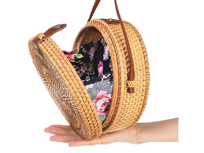 Borsa di paglia intrecciata di carta Nera Rotonda di Rattan Naturale Bali Logo Personalizzato