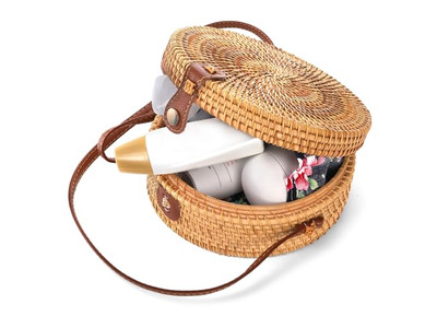 Borsa di paglia intrecciata di carta Nera Rotonda di Rattan Naturale Bali Logo Personalizzato